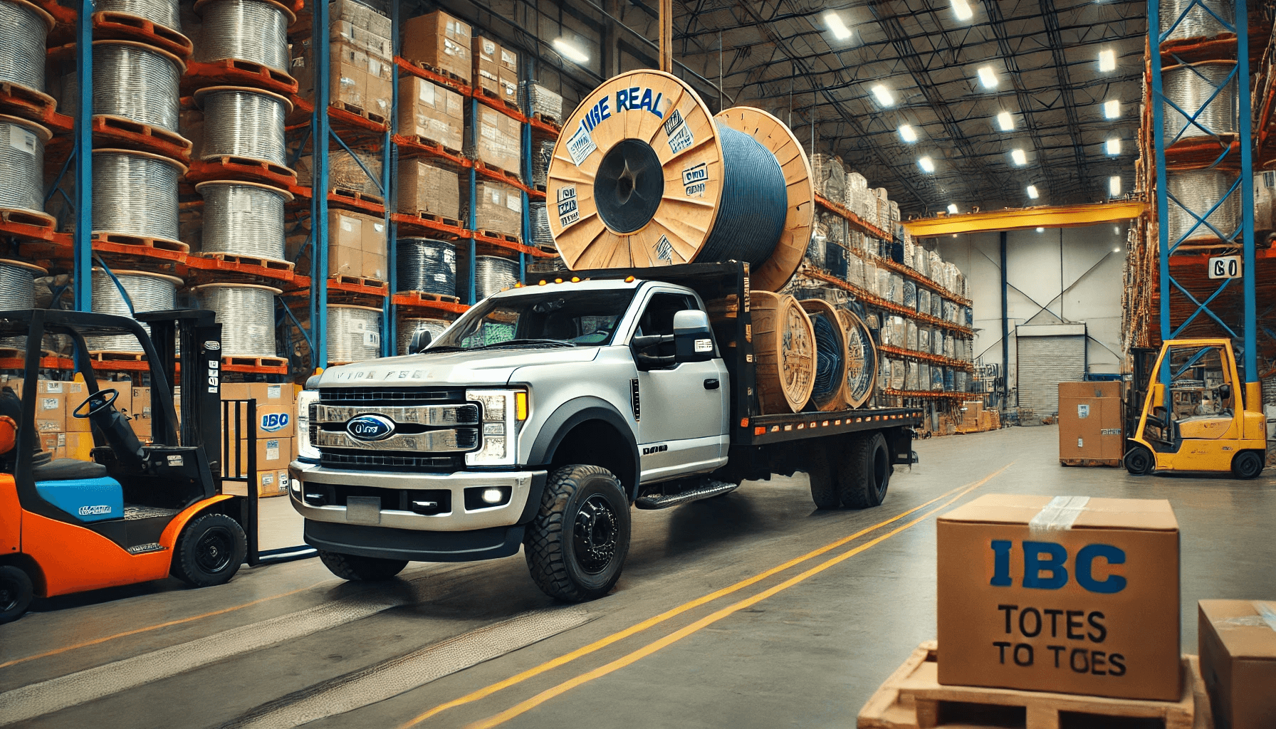 dalle-2024-09-25-003728-a-ford-f-350-truck-with-a-24-foot-by-8-foot-flatbed-carrying-a-half-load-of-wire-reels-and-ibc-totes